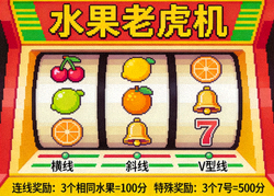 水果老虎机游戏界面，展示经典水果图案和连线奖励
